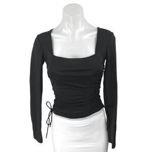 Zara Women's Black Long Sleeve Ruched Fitted Stretch Square Neck Crop Top Size M